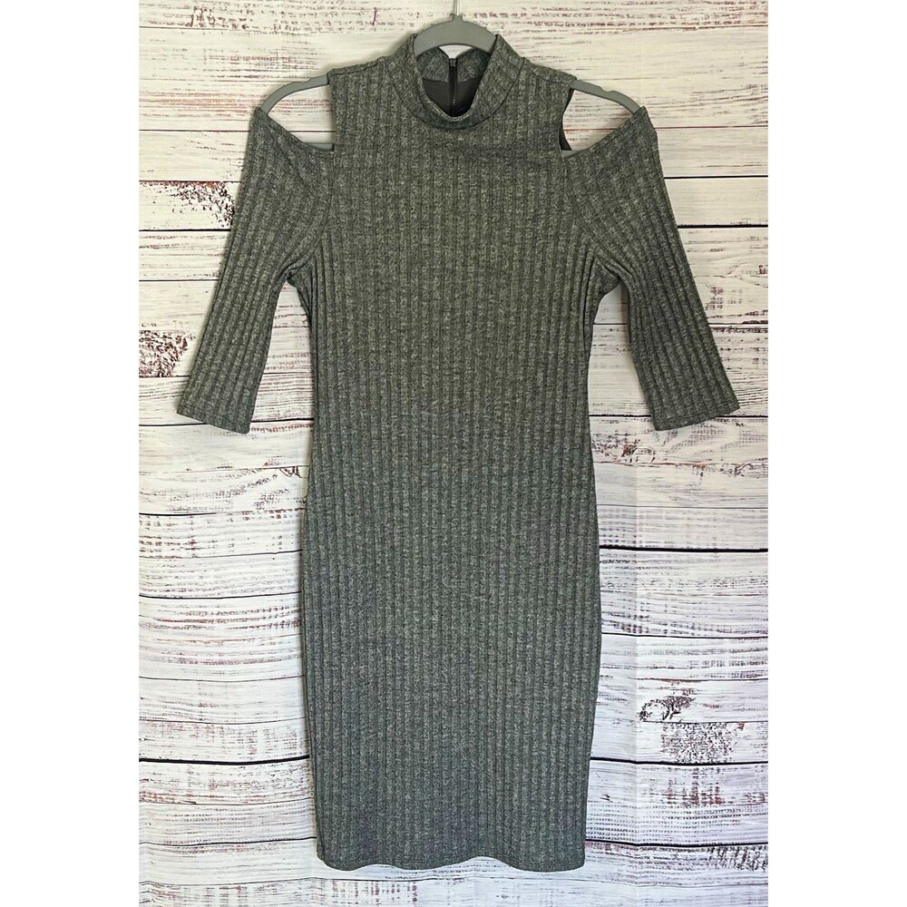White House Black Market Ribbed Cold Shoulder Mock Neck Dress Gray Knit XSP